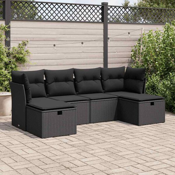 vidaXL Set Divano da Giardino 6 pz con Cuscini Nero in Polyrattan
