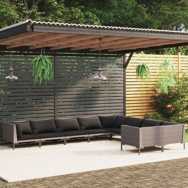vidaXL Set Divani da Giardino 9 pz con Cuscini Polyrattan Grigio Scuro