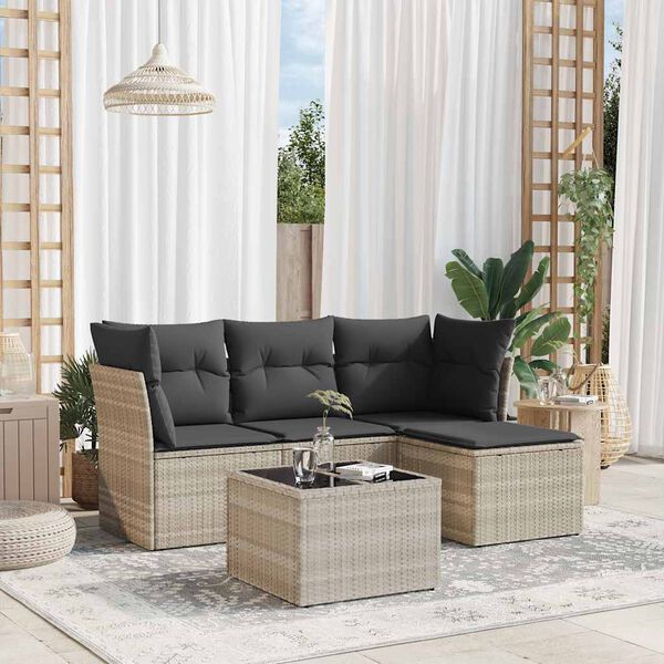 vidaXL Set Divano da Giardino 5pz con Cuscini Grigio Chiaro Polyrattan