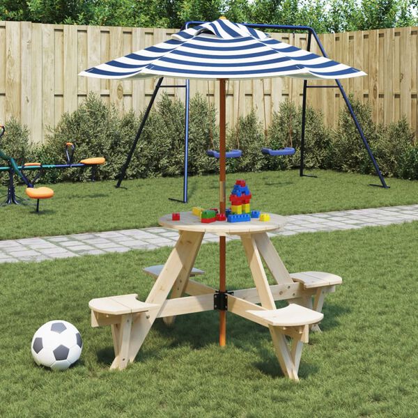 vidaXL Tavolo Picnic per 4 Bambini con Ombrellone Rotondo Legno Abete