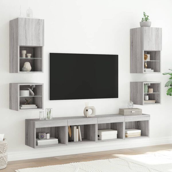 vidaXL Mobili TV a Muro con LED 8pz Grigio Sonoma Legno Multistrato