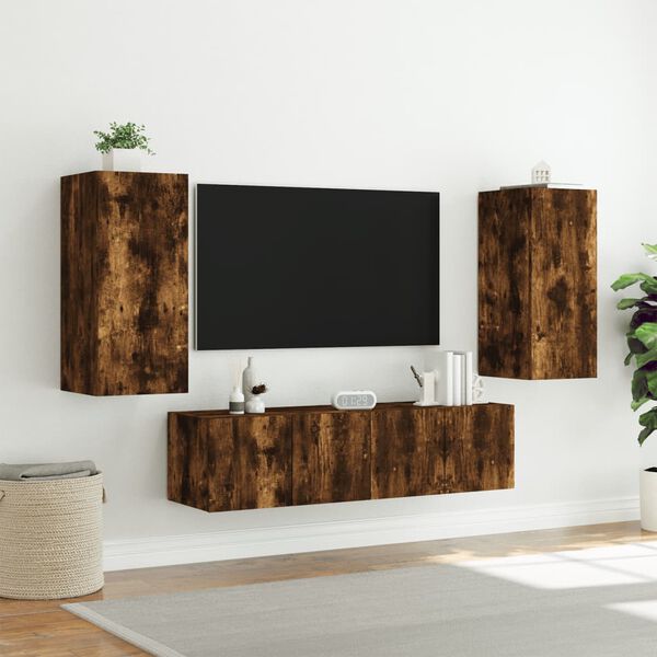 vidaXL Mobili TV a Muro con LED 4pz Rovere Fumo in Legno Multistrato