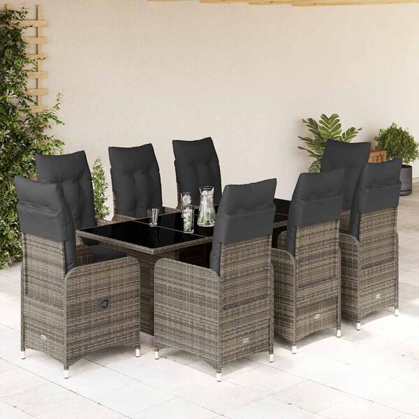 vidaXL Set Bistr&ograve; da Giardino 9 pz con Cuscini in Polyrattan Grigio