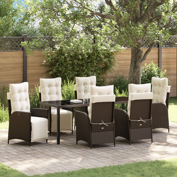 vidaXL Set da Pranzo per Giardino con cuscino 7 pcs Marrone polyrattan