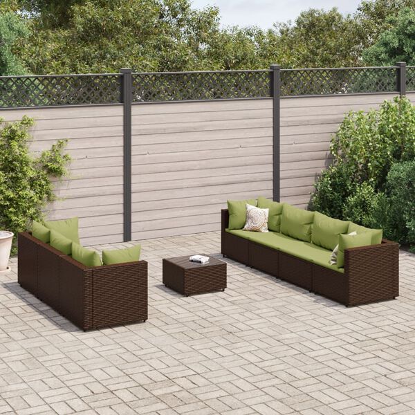 vidaXL Set Divani da Giardino 8 pz con Cuscini in Polyrattan Marrone