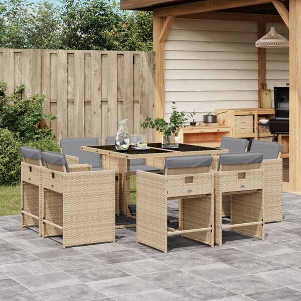vidaXL Set Pranzo da Giardino 9 pz con Cuscini Beige Misto Polyrattan