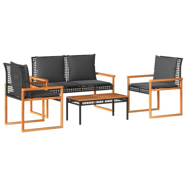 vidaXL Set Divani da Giardino 4 pz con Cuscini Nero in Polyrattan