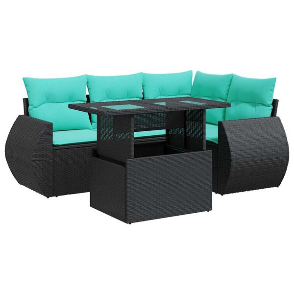 vidaXL Set Divani da Giardino 5 pz con Cuscini Nero Polyrattan Acacia
