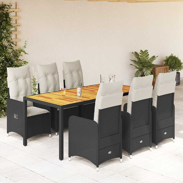 vidaXL Set da Bistr&ograve; da Giardino 7 pz con Cuscini Nero in Polyrattan