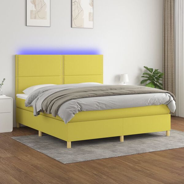 vidaXL Letto a Molle con Materasso e LED Verde 180x200 cm in Tessuto