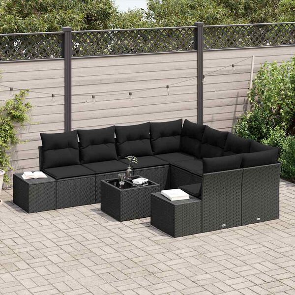 vidaXL Set Divano da Giardino con cuscino 9 pcs Nero polyrattan