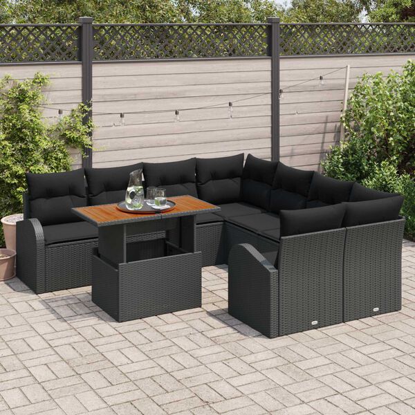 vidaXL Set Divano da Giardino con archiviazione 9 pcs Nero Poly Rattan