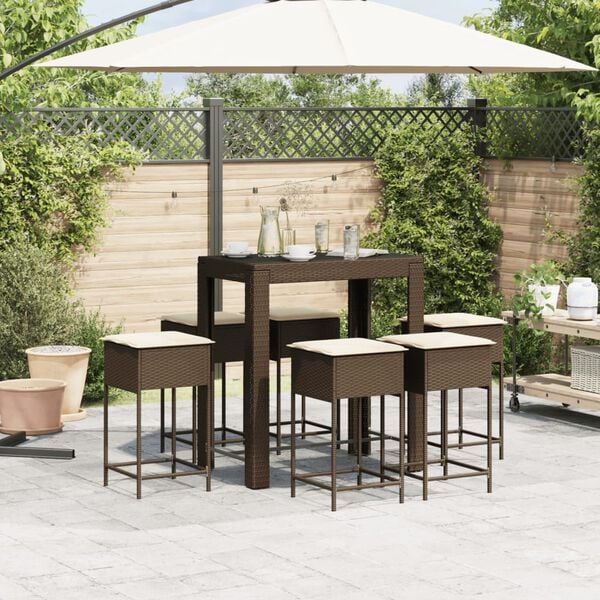 vidaXL Set Bar da Giardino 7 pz con Cuscini in Polyrattan Marrone