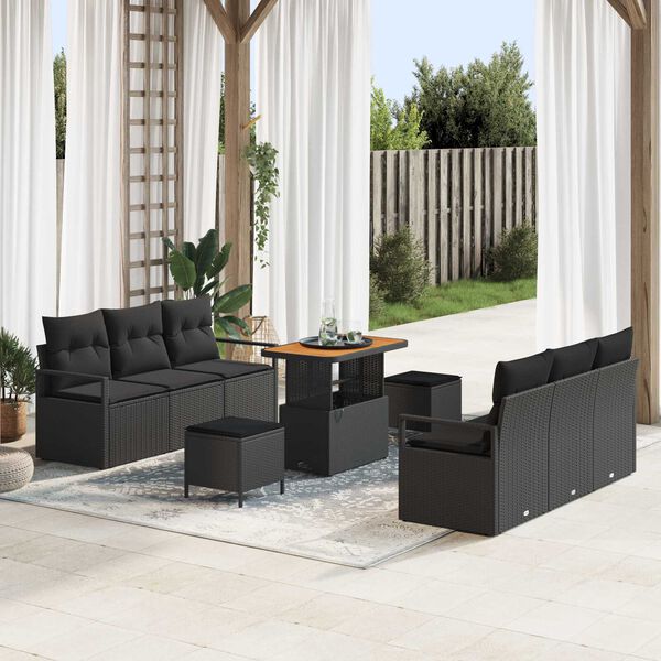 vidaXL Set Divano da Giardino con archiviazione 9 pcs Nero Poly Rattan