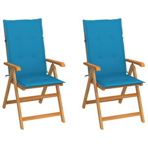 vidaXL Sedie pieghevoli, 2 pezzi, con cuscini blu, in legno massello di teak.