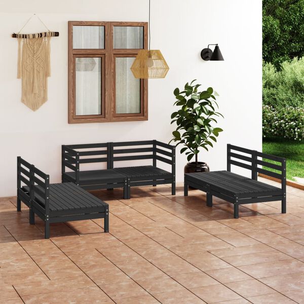 vidaXL Set Divani da Giardino 6 pz Nero in Legno Massello di Pino