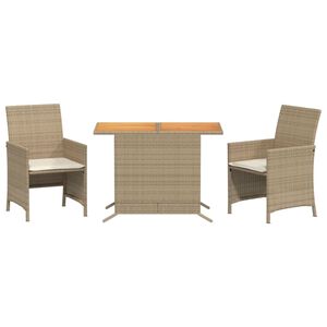 vidaXL Set da Bistr&ograve; 3 pz con Cuscini Beige in Polyrattan