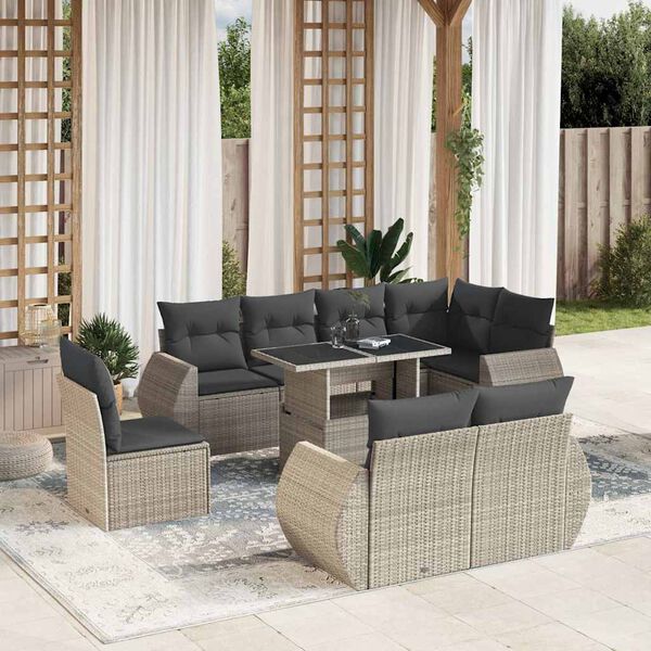 vidaXL Set Divano da Giardino 9pz con Cuscini Grigio Chiaro Polyrattan