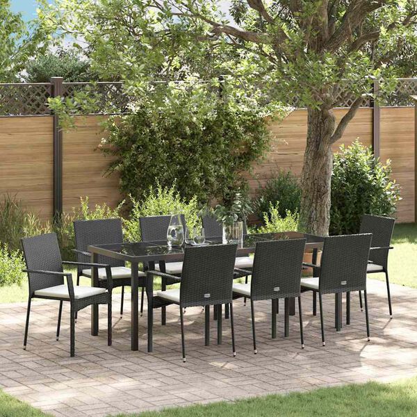 vidaXL Set da Pranzo per Giardino con cuscino 9 pcs Nero polyrattan