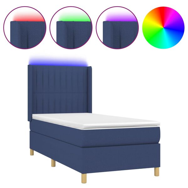 vidaXL Letto a Molle con Materasso e LED Blu 90x190 cm in Tessuto