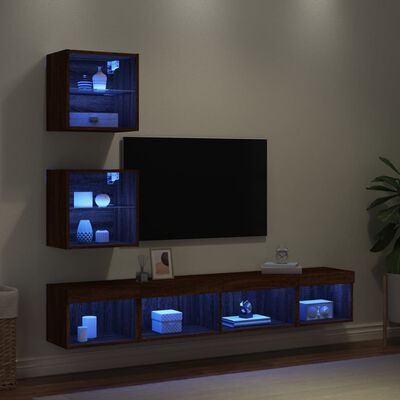 vidaXL Mobili TV a Muro con LED 5pz Rovere Marrone Legno Multistrato