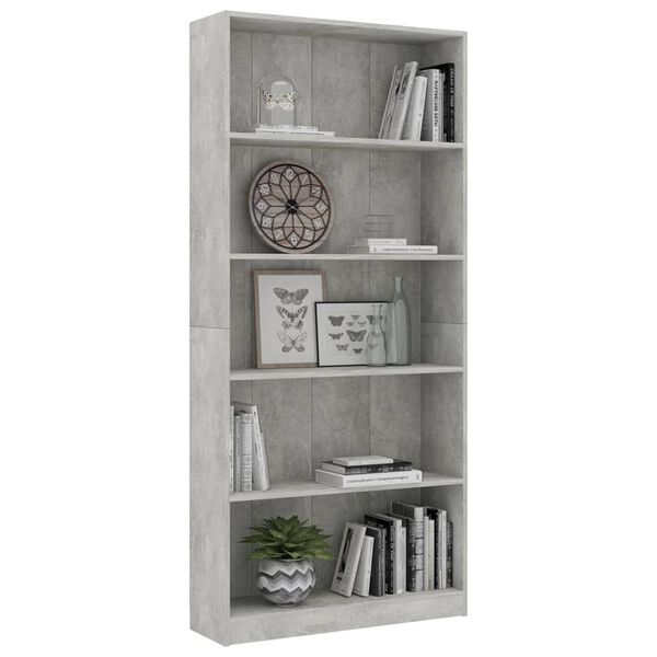 vidaXL Libreria 5 Ripiani Grigio Cemento 80x24x175cm Legno Multistrato