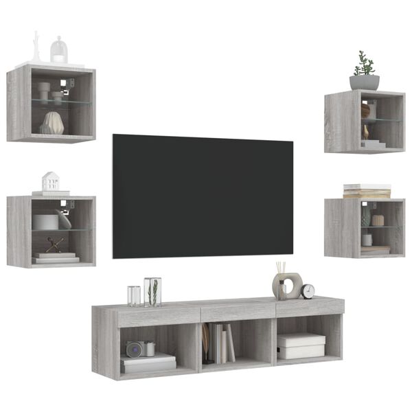 vidaXL Mobili TV a Muro con LED 7pz Grigio Sonoma Legno Multistrato