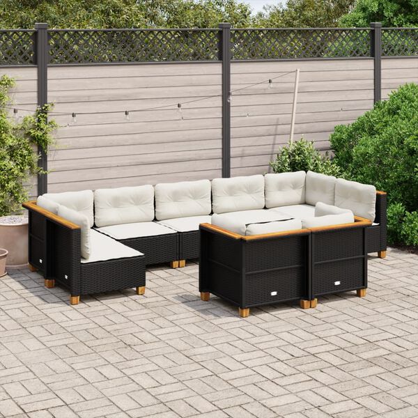 vidaXL Set Divani da Giardino 9 pz con Cuscini Nero in Polyrattan