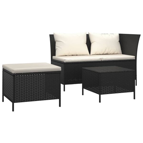 vidaXL Set Divani da Giardino 3 pz con Cuscini Nero in Polyrattan