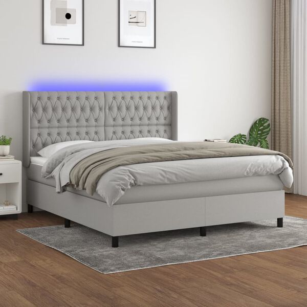 vidaXL Letto a Molle Materasso e LED Grigio Chiaro 160x200 cm Tessuto
