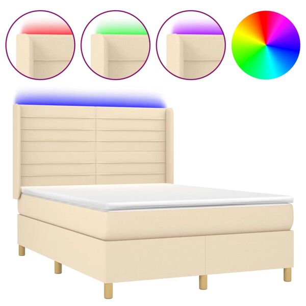 vidaXL Letto a Molle con Materasso e LED Crema 140x190 cm in Tessuto
