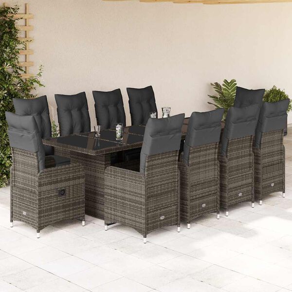 vidaXL Set Bistr&ograve; da Giardino 11 pz con Cuscini in Polyrattan Grigio