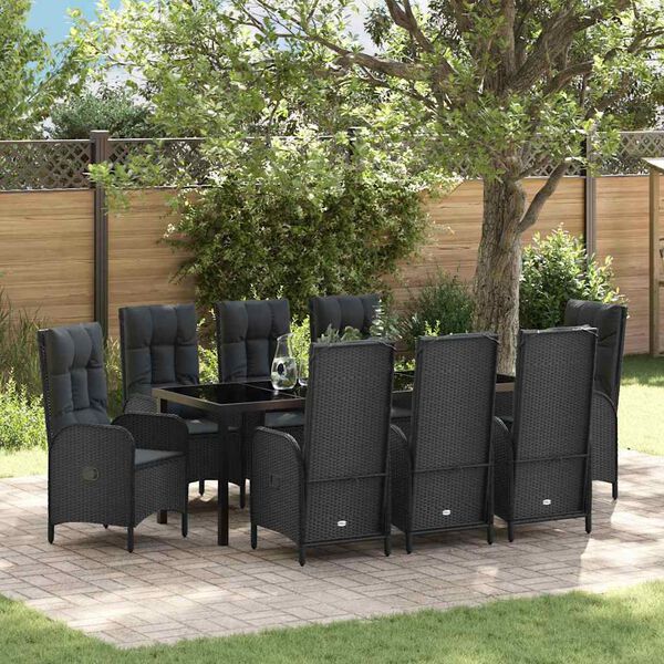 vidaXL Set da Pranzo per Giardino con cuscino 9 pcs Nero polyrattan