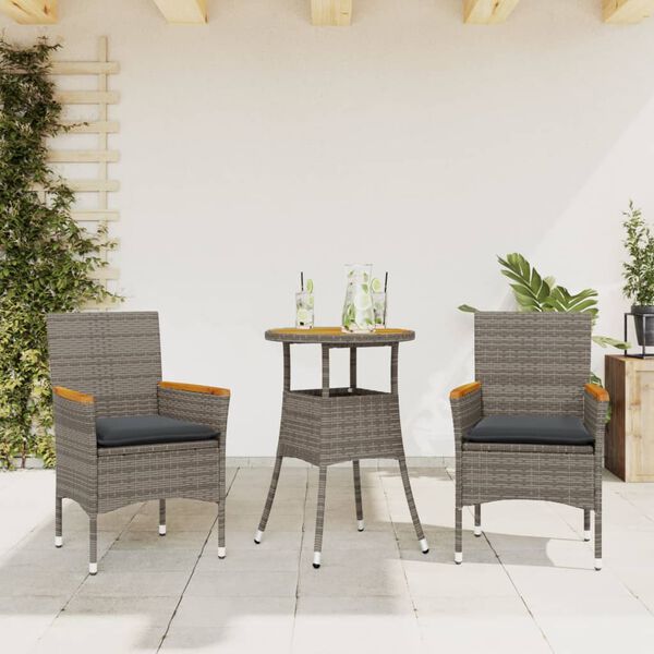 vidaXL Set Pranzo da Giardino 3pz con Cuscini Polyrattan Acacia Grigio