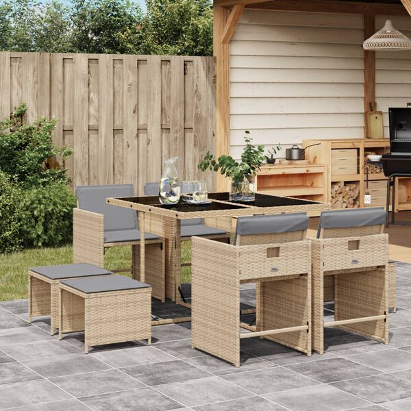 vidaXL Set Pranzo da Giardino 9 pz con Cuscini Beige Misto Polyrattan
