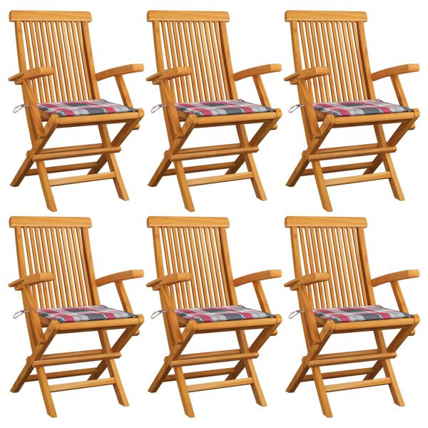 vidaXL Sedie da Giardino Cuscini Motivo Quadri Rosso 6pz Massello Teak