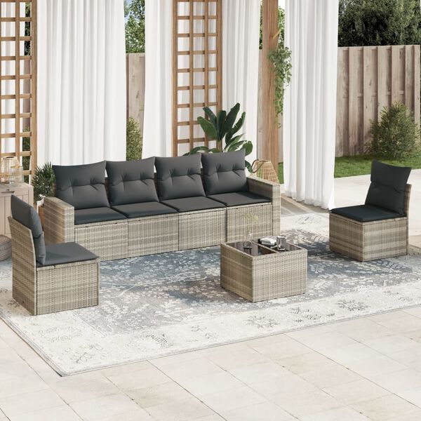 vidaXL Set Divani da Giardino 7pz con Cuscini Grigio Chiaro Polyrattan