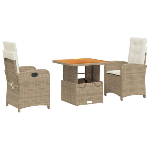vidaXL Set da Pranzo da Giardino 3 pz con Cuscini Beige in Polyrattan