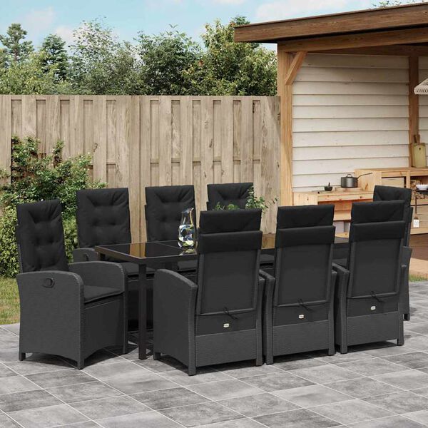 vidaXL Set da Pranzo per Giardino con cuscino 9 pcs Nero polyrattan