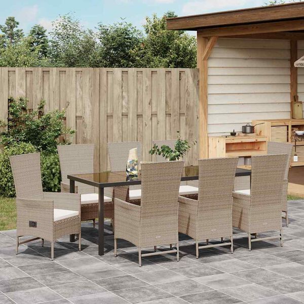 vidaXL Set da Pranzo per Giardino con cuscino 9 pcs Beige polyrattan