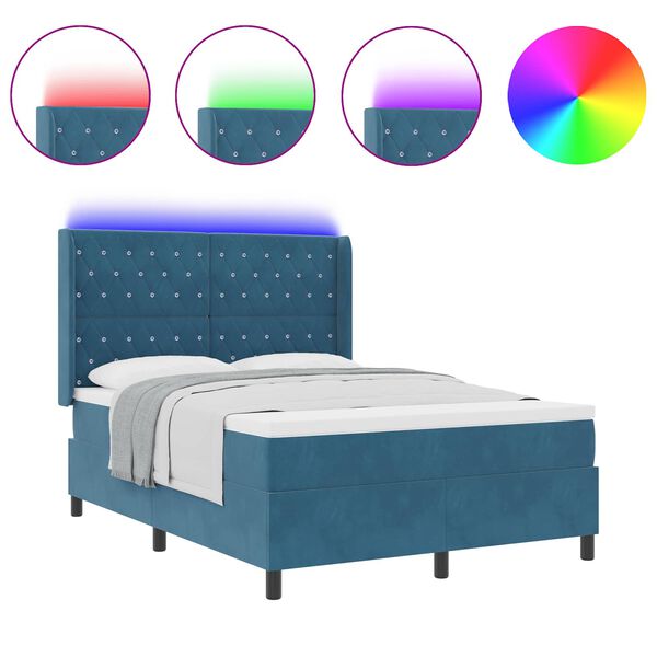 vidaXL Letto a molle con luci a strisce a LED Blu 140 x 200 cm Velluto