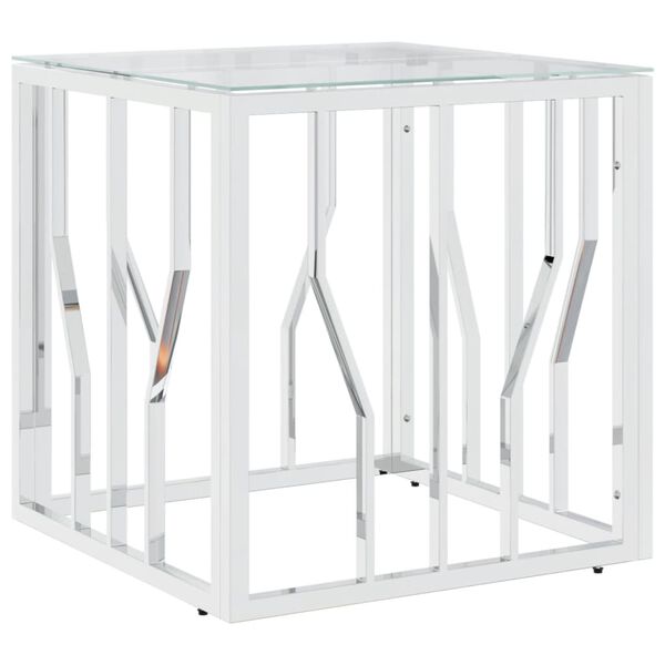 vidaXL Tavolino da Salotto Argento 50x50x50 cm in Acciaio Inox e Vetro