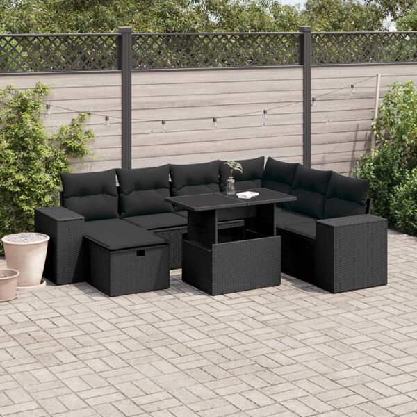 vidaXL Set Divani da Giardino con Cuscini 8 pz Nero in Polyrattan