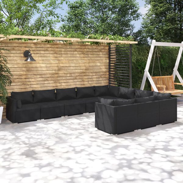vidaXL Set Divani da Giardino 10 pz con Cuscini in Polyrattan Nero