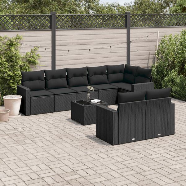 vidaXL Set Divani da Giardino 9 pz con Cuscini Nero in Polyrattan