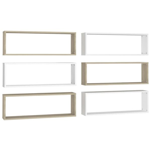 vidaXL Mensole Cubo 6pz Bianco Rovere Sonoma 80x15x26,5cm Multistrato