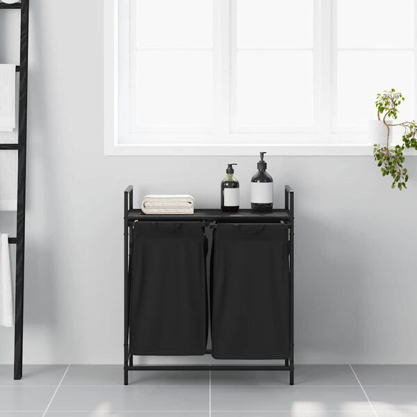 vidaXL Cesto per la Biancheria 2 Scomparti con Ripiano Rovere Nero