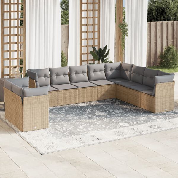 vidaXL Set Divano da Giardino 10 pz con Cuscini Beige in Polyrattan