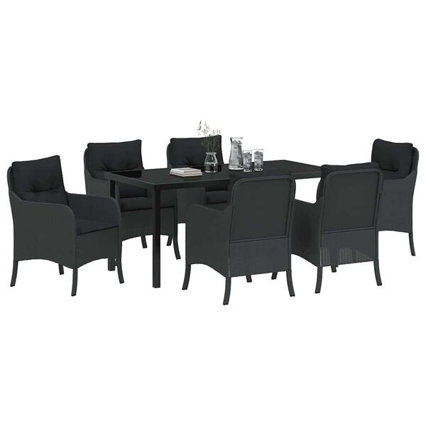 vidaXL Set da Pranzo per Giardino con cuscino 7 pcs Nero polyrattan