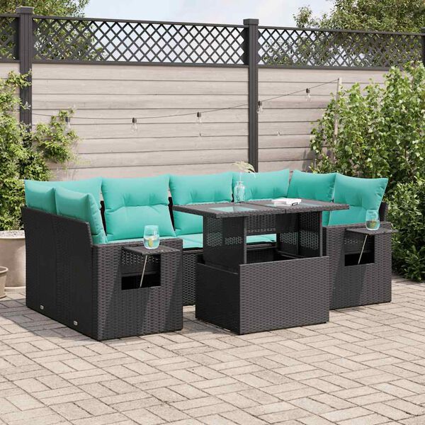 vidaXL Set Divani Giardino 7 pz con Cuscini Nero Polyrattan Acacia